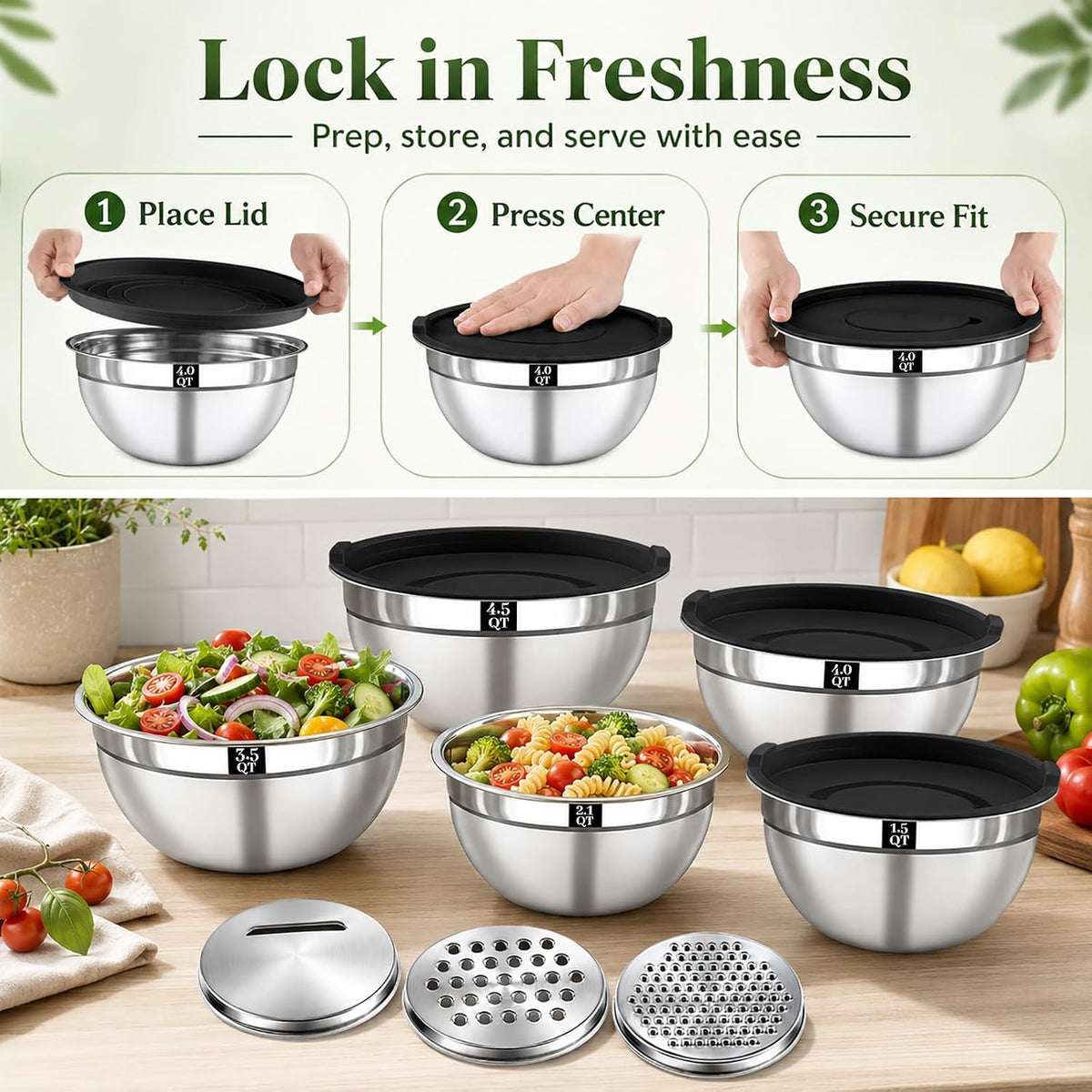 Mixing Bowls with Lids Set - 5 Nesting Mixing Bowls, 3 Grater Attachments, Lids, Stainless Steel Mixing Bowls for Mixing & Serving, Size 1.5/2.1/3.5/4/4.5 QT, Colorful