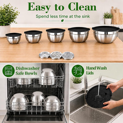 Mixing Bowls with Lids Set - 5 Nesting Mixing Bowls, 3 Grater Attachments, Lids, Stainless Steel Mixing Bowls for Mixing & Serving, Size 1.5/2.1/3.5/4/4.5 QT, Colorful