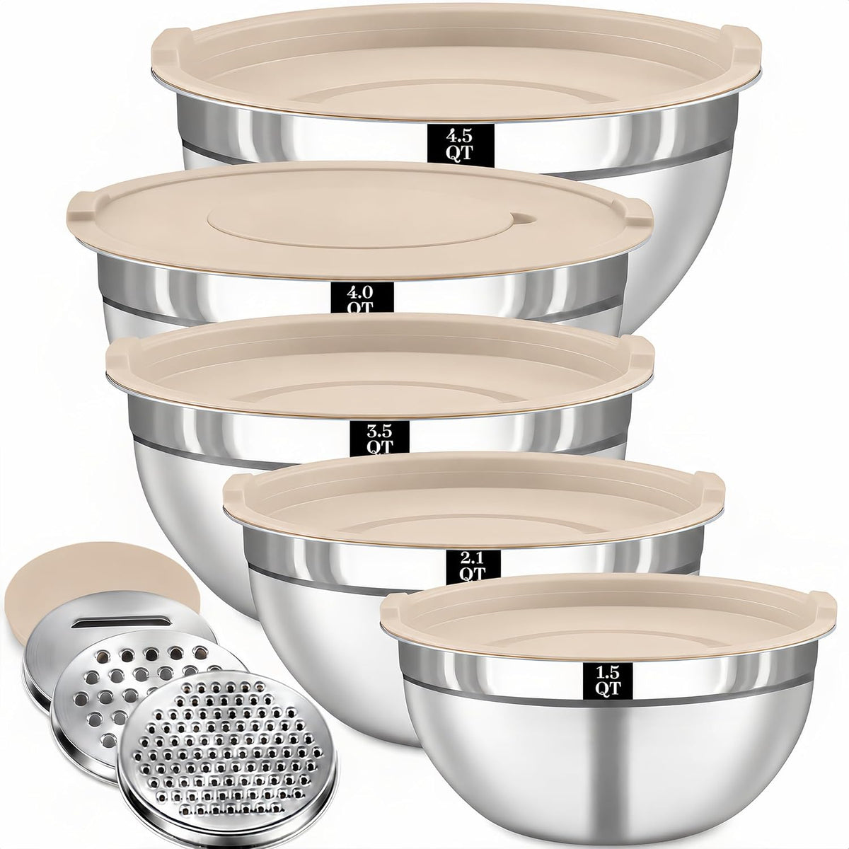 Mixing Bowls with Lids Set - 5 Nesting Mixing Bowls, 3 Grater Attachments, Lids, Stainless Steel Mixing Bowls for Mixing & Serving, Size 1.5/2.1/3.5/4/4.5 QT, Colorful