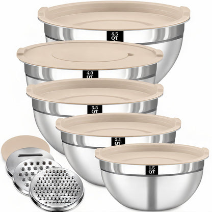 Mixing Bowls with Lids Set - 5 Nesting Mixing Bowls, 3 Grater Attachments, Lids, Stainless Steel Mixing Bowls for Mixing & Serving, Size 1.5/2.1/3.5/4/4.5 QT, Colorful