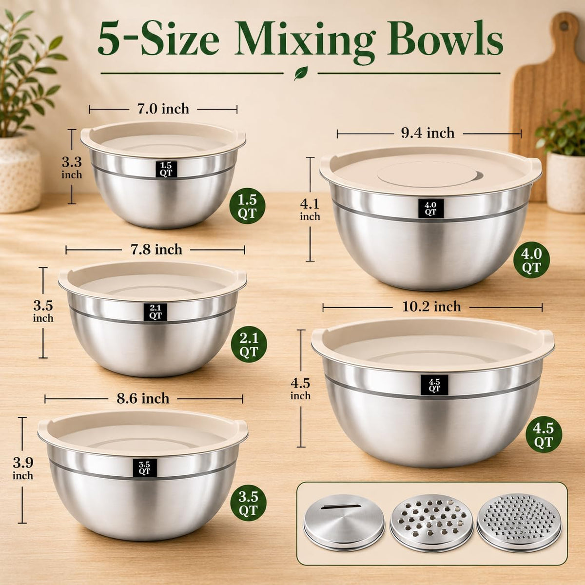 Mixing Bowls with Lids Set - 5 Nesting Mixing Bowls, 3 Grater Attachments, Lids, Stainless Steel Mixing Bowls for Mixing & Serving, Size 1.5/2.1/3.5/4/4.5 QT, Colorful