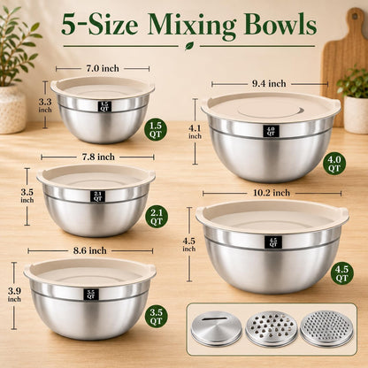 Mixing Bowls with Lids Set - 5 Nesting Mixing Bowls, 3 Grater Attachments, Lids, Stainless Steel Mixing Bowls for Mixing & Serving, Size 1.5/2.1/3.5/4/4.5 QT, Colorful