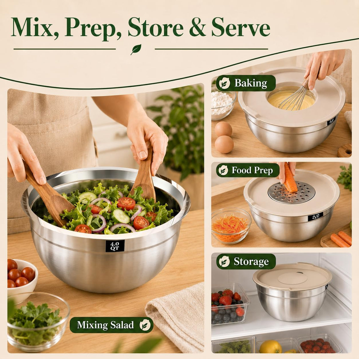 Mixing Bowls with Lids Set - 5 Nesting Mixing Bowls, 3 Grater Attachments, Lids, Stainless Steel Mixing Bowls for Mixing & Serving, Size 1.5/2.1/3.5/4/4.5 QT, Colorful