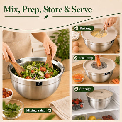 Mixing Bowls with Lids Set - 5 Nesting Mixing Bowls, 3 Grater Attachments, Lids, Stainless Steel Mixing Bowls for Mixing & Serving, Size 1.5/2.1/3.5/4/4.5 QT, Colorful