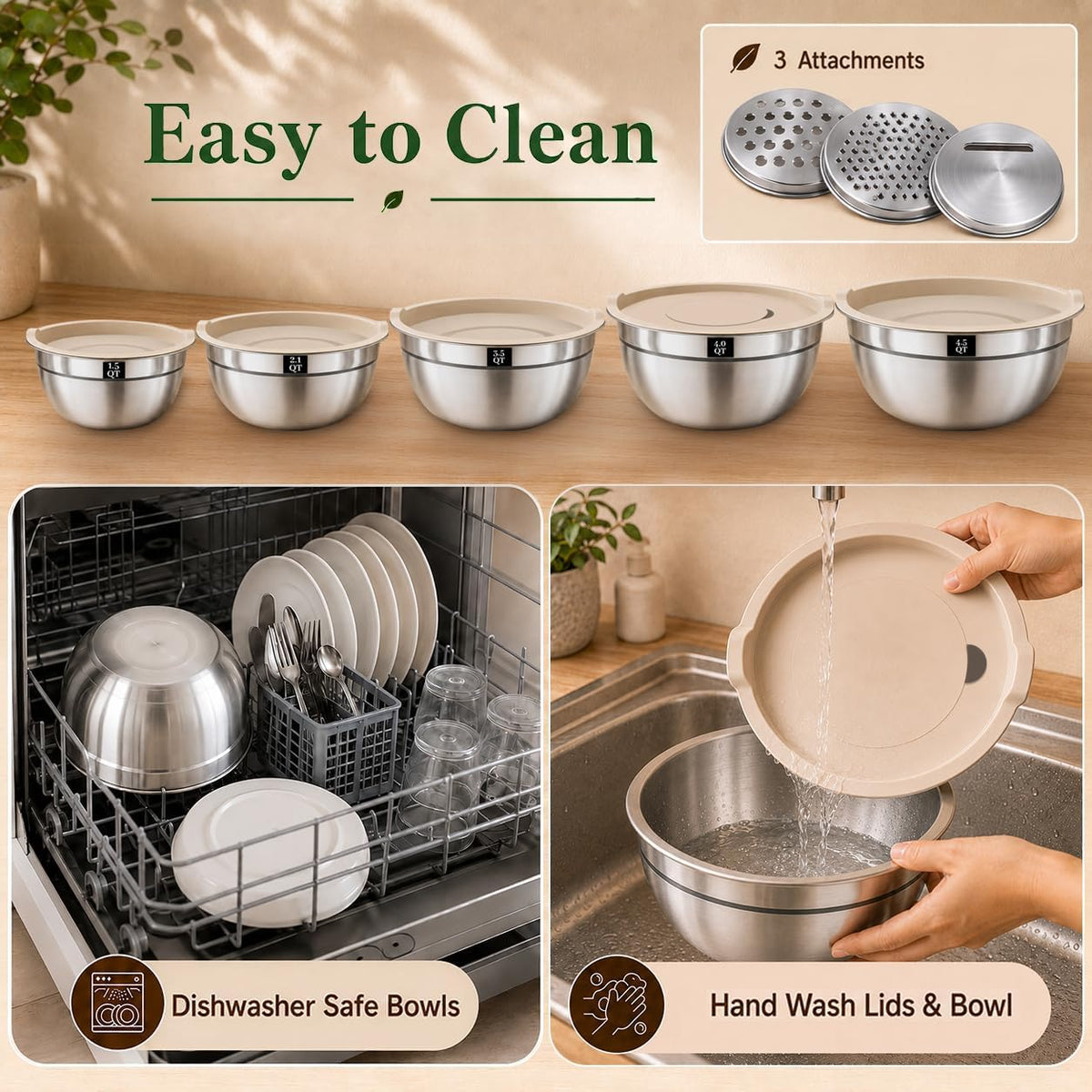 Mixing Bowls with Lids Set - 5 Nesting Mixing Bowls, 3 Grater Attachments, Lids, Stainless Steel Mixing Bowls for Mixing & Serving, Size 1.5/2.1/3.5/4/4.5 QT, Colorful