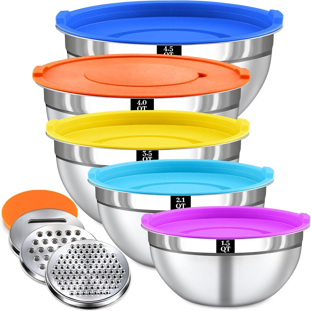 Mixing Bowls with Lids Set - 5 Nesting Mixing Bowls, 3 Grater Attachments, Lids, Stainless Steel Mixing Bowls for Mixing & Serving, Size 1.5/2.1/3.5/4/4.5 QT, Colorful