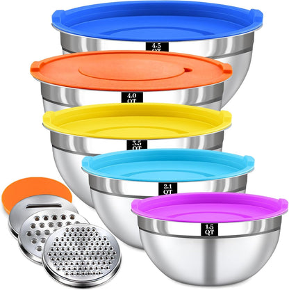 Mixing Bowls with Lids Set - 5 Nesting Mixing Bowls, 3 Grater Attachments, Lids, Stainless Steel Mixing Bowls for Mixing & Serving, Size 1.5/2.1/3.5/4/4.5 QT, Colorful
