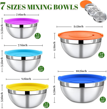 Mixing Bowls with Lids Set - 5 Nesting Mixing Bowls, 3 Grater Attachments, Lids, Stainless Steel Mixing Bowls for Mixing & Serving, Size 1.5/2.1/3.5/4/4.5 QT, Colorful