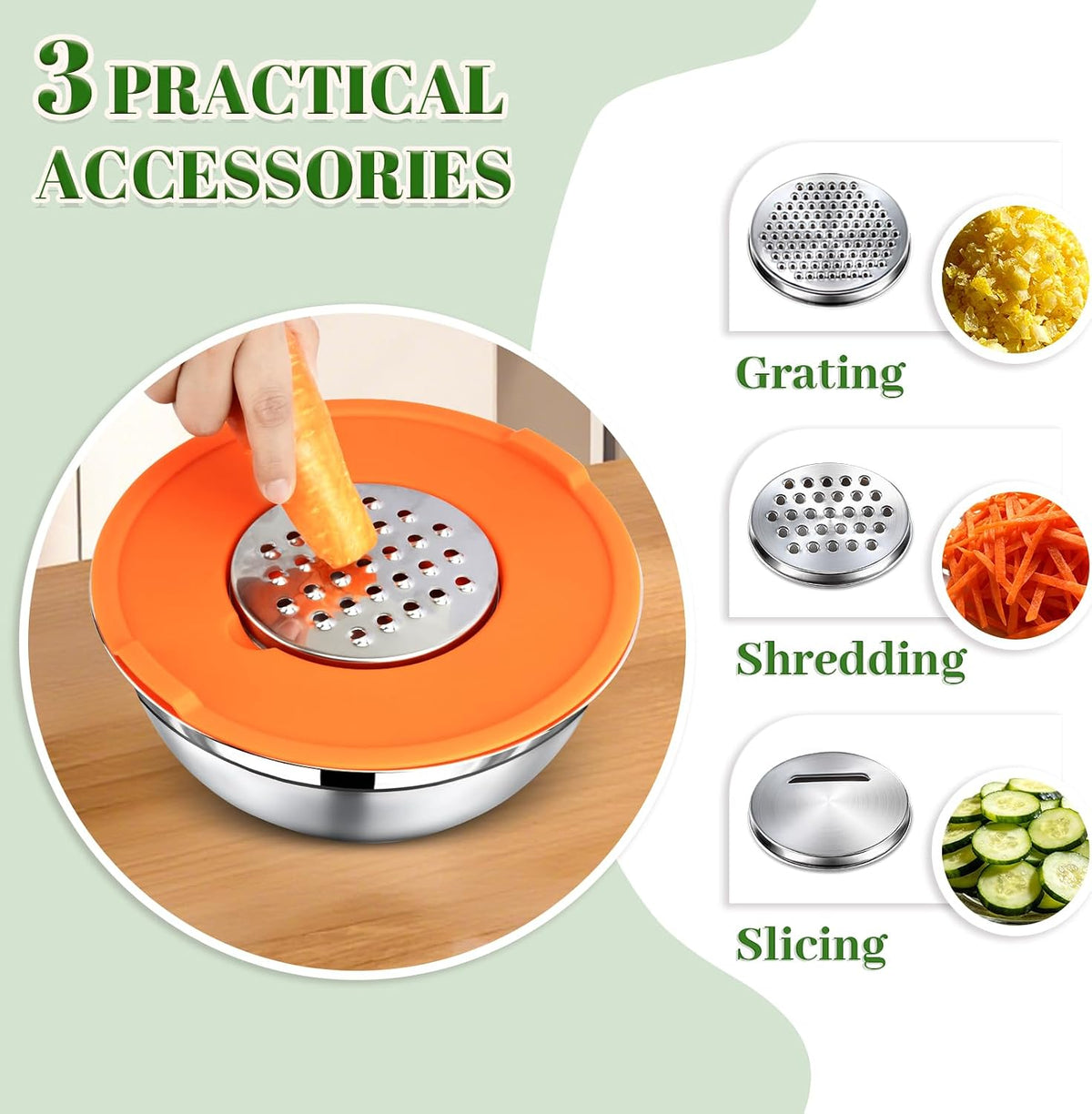 Mixing Bowls with Lids Set - 5 Nesting Mixing Bowls, 3 Grater Attachments, Lids, Stainless Steel Mixing Bowls for Mixing & Serving, Size 1.5/2.1/3.5/4/4.5 QT, Colorful