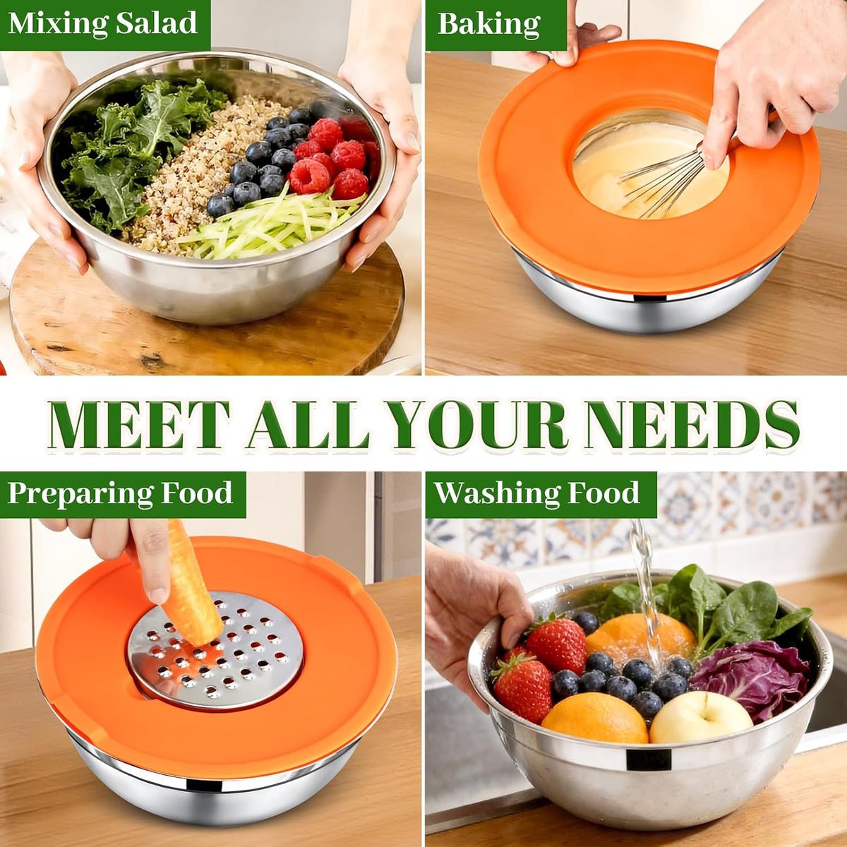 Mixing Bowls with Lids Set - 5 Nesting Mixing Bowls, 3 Grater Attachments, Lids, Stainless Steel Mixing Bowls for Mixing & Serving, Size 1.5/2.1/3.5/4/4.5 QT, Colorful