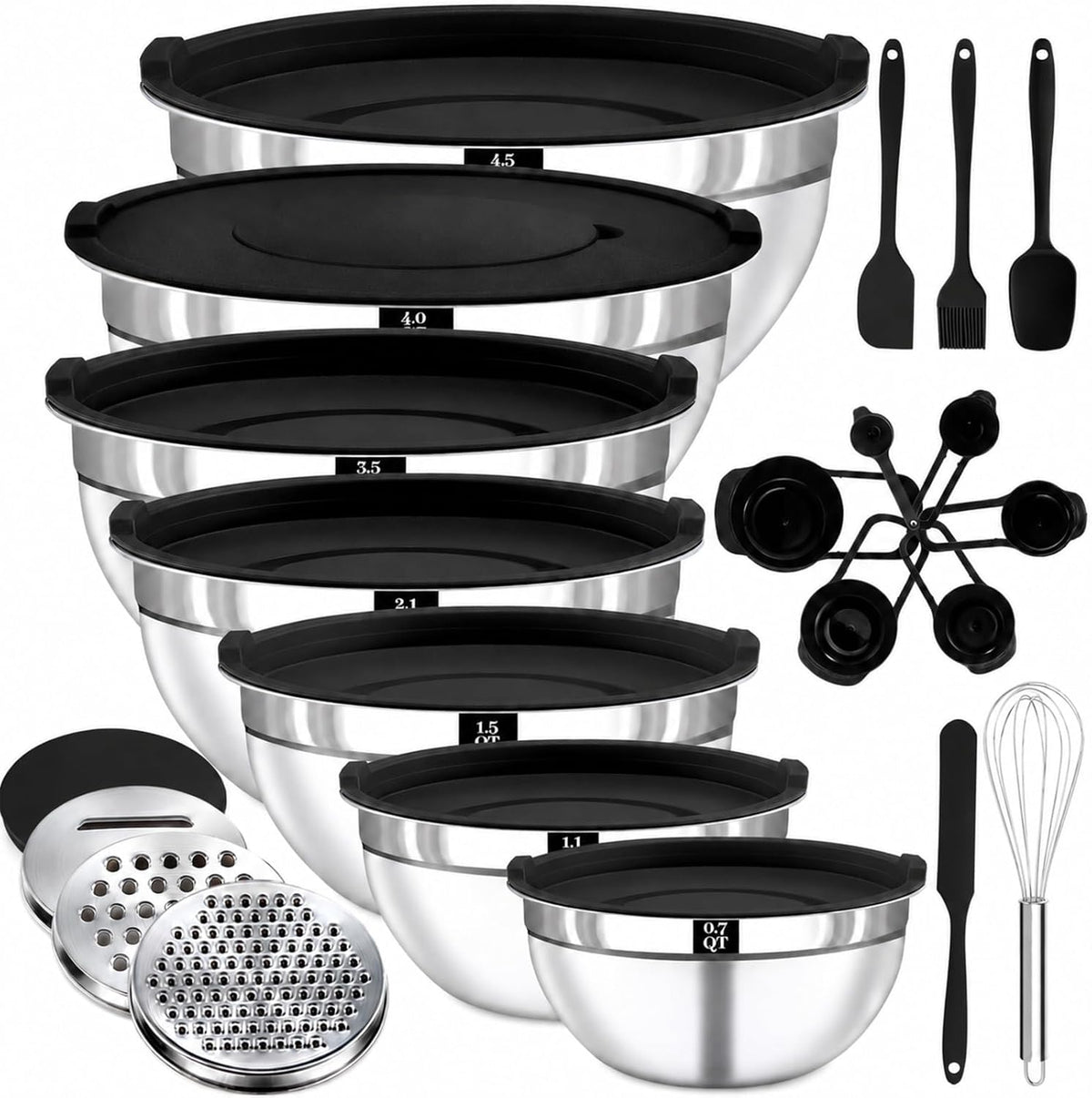 Mixing Bowls with Lids Set - 5 Nesting Mixing Bowls, 3 Grater Attachments, Lids, Stainless Steel Mixing Bowls for Mixing & Serving, Size 1.5/2.1/3.5/4/4.5 QT, Colorful