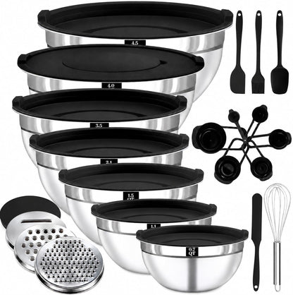 Mixing Bowls with Lids Set - 5 Nesting Mixing Bowls, 3 Grater Attachments, Lids, Stainless Steel Mixing Bowls for Mixing & Serving, Size 1.5/2.1/3.5/4/4.5 QT, Colorful