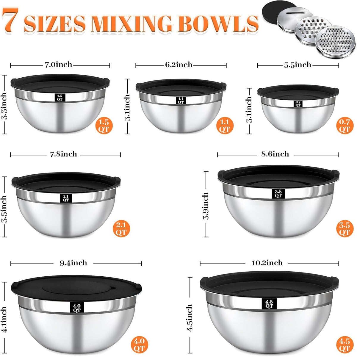 Mixing Bowls with Lids Set - 5 Nesting Mixing Bowls, 3 Grater Attachments, Lids, Stainless Steel Mixing Bowls for Mixing & Serving, Size 1.5/2.1/3.5/4/4.5 QT, Colorful
