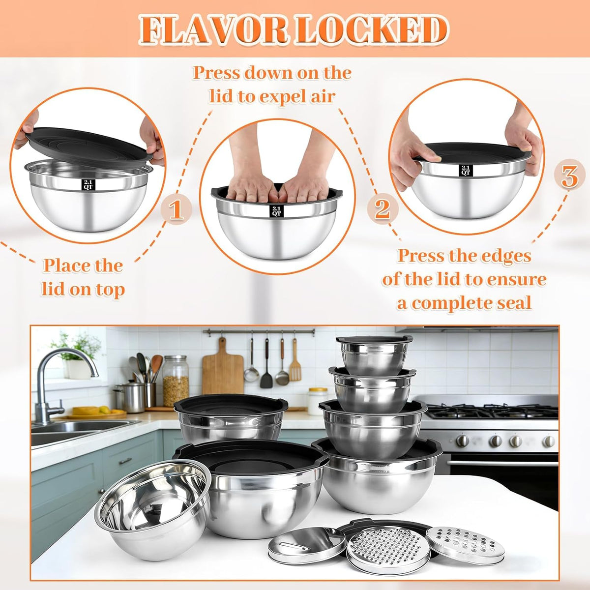 Mixing Bowls with Lids Set - 5 Nesting Mixing Bowls, 3 Grater Attachments, Lids, Stainless Steel Mixing Bowls for Mixing & Serving, Size 1.5/2.1/3.5/4/4.5 QT, Colorful