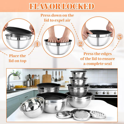 Mixing Bowls with Lids Set - 5 Nesting Mixing Bowls, 3 Grater Attachments, Lids, Stainless Steel Mixing Bowls for Mixing & Serving, Size 1.5/2.1/3.5/4/4.5 QT, Colorful