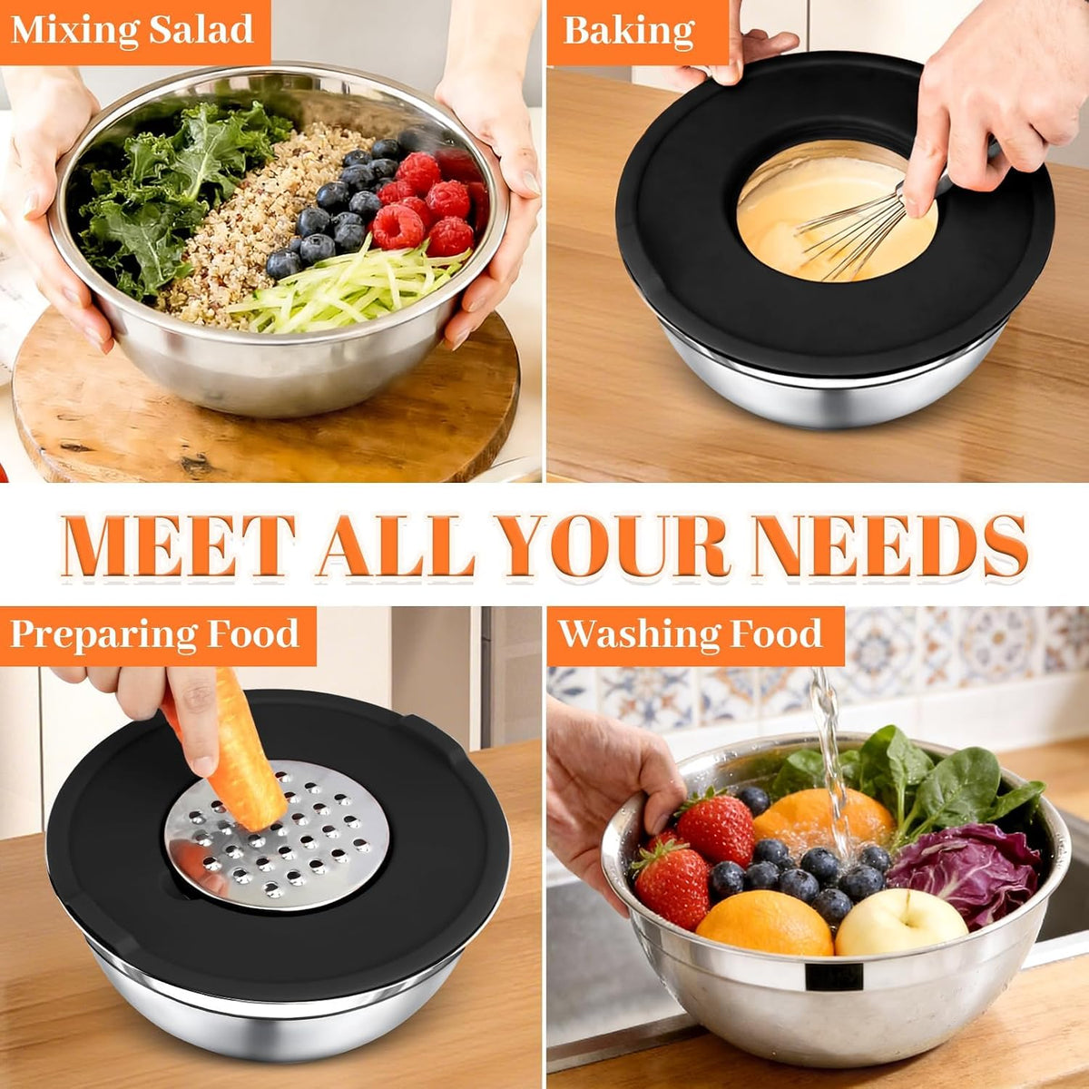Mixing Bowls with Lids Set - 5 Nesting Mixing Bowls, 3 Grater Attachments, Lids, Stainless Steel Mixing Bowls for Mixing & Serving, Size 1.5/2.1/3.5/4/4.5 QT, Colorful