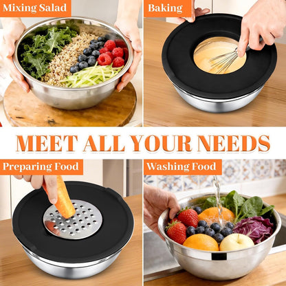 Mixing Bowls with Lids Set - 5 Nesting Mixing Bowls, 3 Grater Attachments, Lids, Stainless Steel Mixing Bowls for Mixing & Serving, Size 1.5/2.1/3.5/4/4.5 QT, Colorful