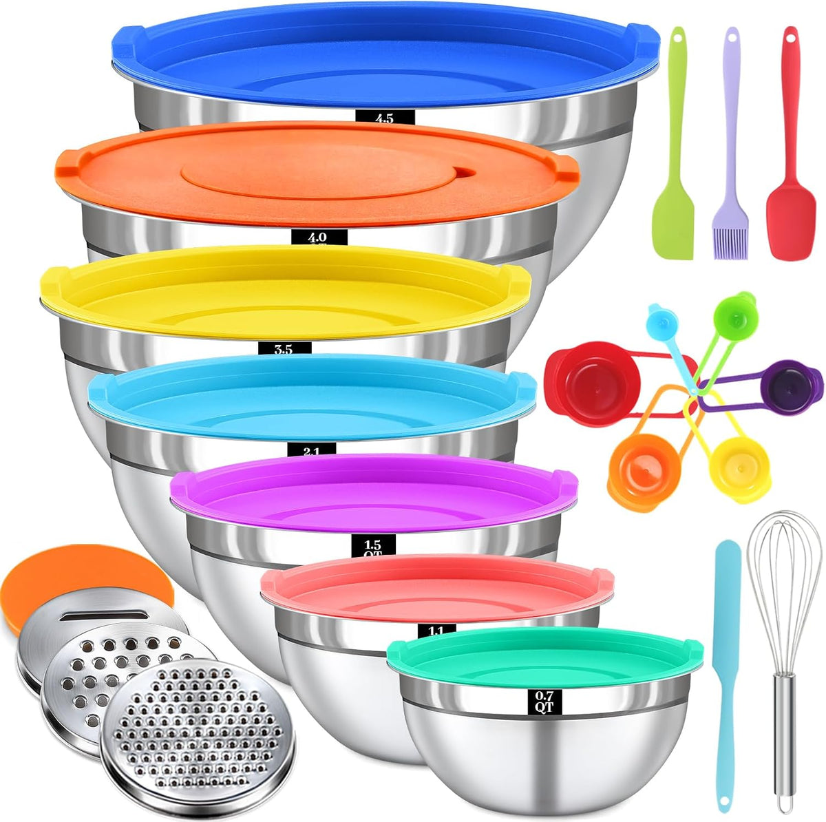 Mixing Bowls with Lids Set - 5 Nesting Mixing Bowls, 3 Grater Attachments, Lids, Stainless Steel Mixing Bowls for Mixing & Serving, Size 1.5/2.1/3.5/4/4.5 QT, Colorful