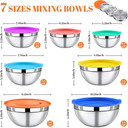 Mixing Bowls with Lids Set - 5 Nesting Mixing Bowls, 3 Grater Attachments, Lids, Stainless Steel Mixing Bowls for Mixing & Serving, Size 1.5/2.1/3.5/4/4.5 QT, Colorful