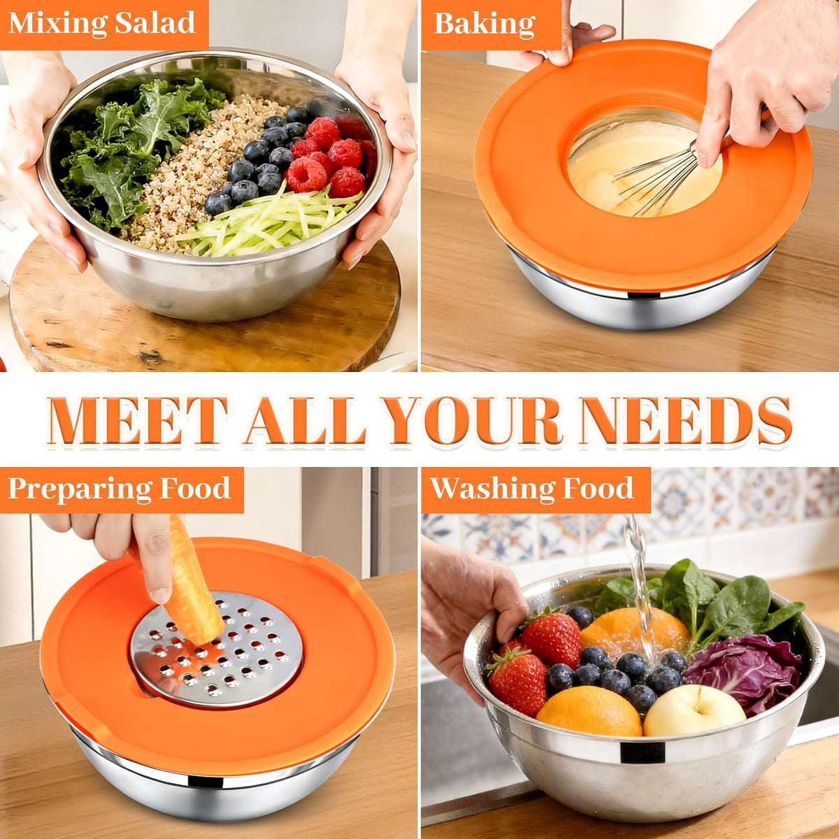 Mixing Bowls with Lids Set - 5 Nesting Mixing Bowls, 3 Grater Attachments, Lids, Stainless Steel Mixing Bowls for Mixing & Serving, Size 1.5/2.1/3.5/4/4.5 QT, Colorful