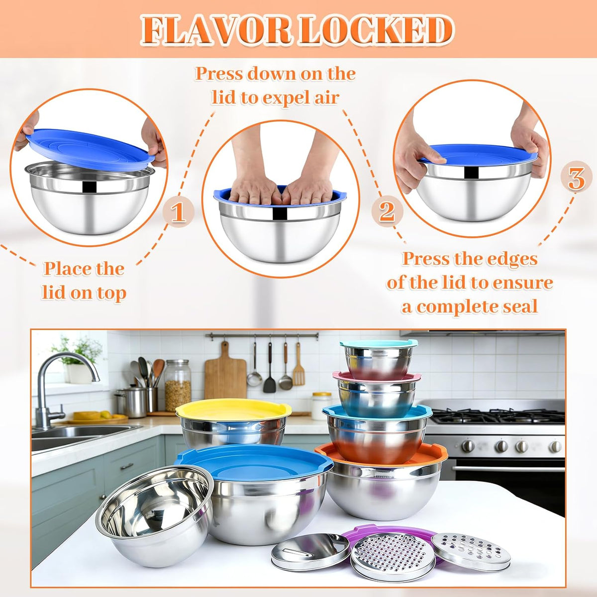 Mixing Bowls with Lids Set - 5 Nesting Mixing Bowls, 3 Grater Attachments, Lids, Stainless Steel Mixing Bowls for Mixing & Serving, Size 1.5/2.1/3.5/4/4.5 QT, Colorful
