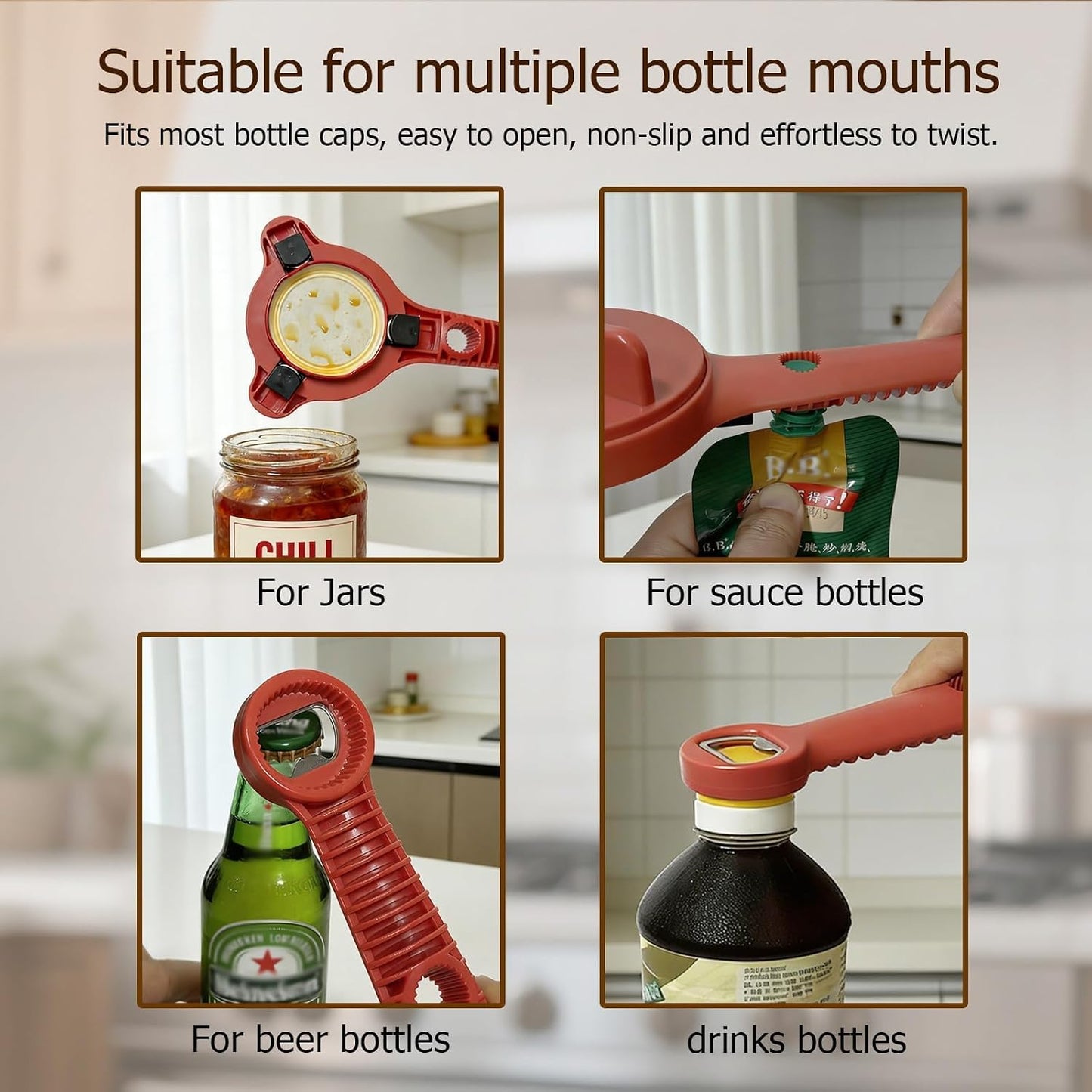 4-in-1 Jar Opener, Adjustable Jar Opener for Seniors, Kitchen Tool Designed Specifically for Seniors and Those with Limited Physical Strength, Suitable For Beer, Salad Dressing, Jar (Black)