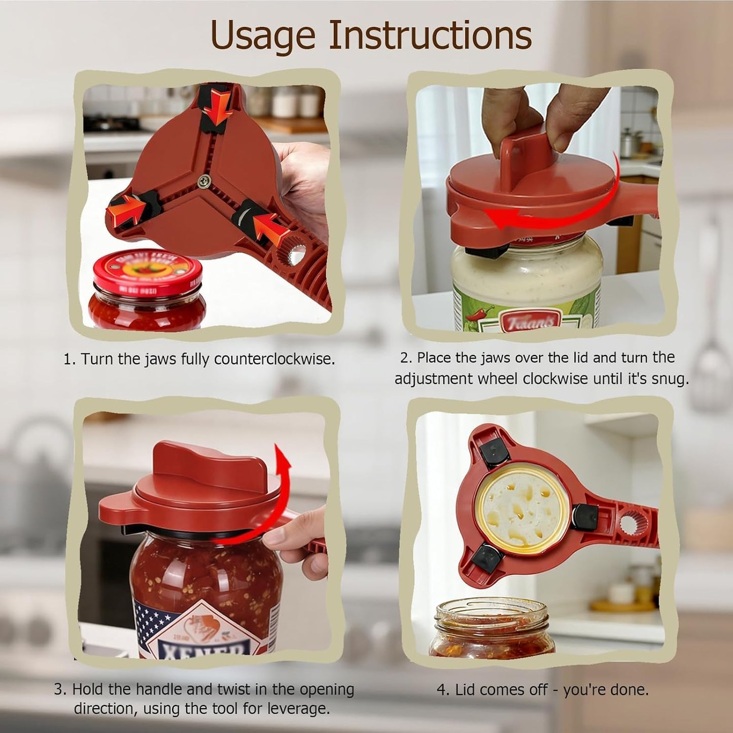4-in-1 Jar Opener, Adjustable Jar Opener for Seniors, Kitchen Tool Designed Specifically for Seniors and Those with Limited Physical Strength, Suitable For Beer, Salad Dressing, Jar (Black)