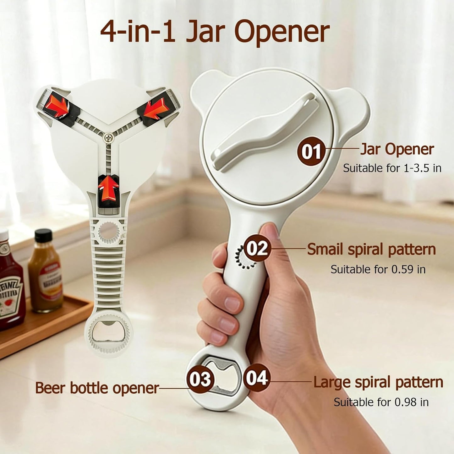 4-in-1 Jar Opener, Adjustable Jar Opener for Seniors, Kitchen Tool Designed Specifically for Seniors and Those with Limited Physical Strength, Suitable For Beer, Salad Dressing, Jar (Black)