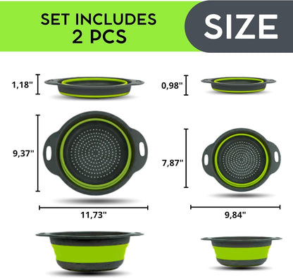3PCS Green Foldable Kitchen Strainer Set – Silicone Colander Collapsible Strainers and Colanders Green Collander for Kitchen Collapsible Compact Drain Tools for Cooking Prep