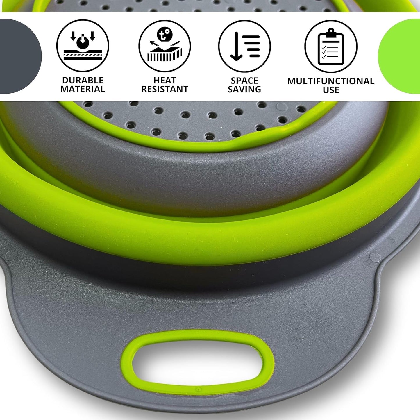 3PCS Green Foldable Kitchen Strainer Set – Silicone Colander Collapsible Strainers and Colanders Green Collander for Kitchen Collapsible Compact Drain Tools for Cooking Prep