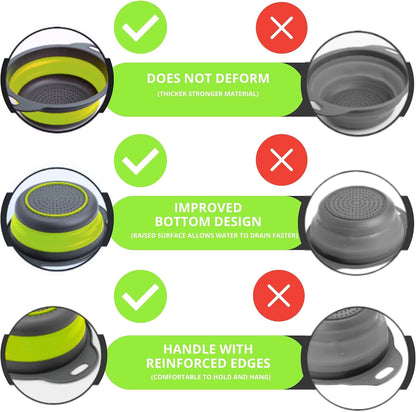 3PCS Green Foldable Kitchen Strainer Set – Silicone Colander Collapsible Strainers and Colanders Green Collander for Kitchen Collapsible Compact Drain Tools for Cooking Prep