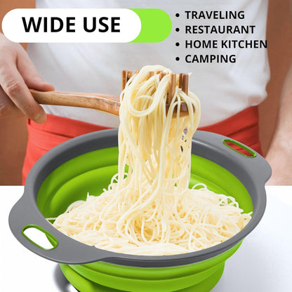 3PCS Green Foldable Kitchen Strainer Set – Silicone Colander Collapsible Strainers and Colanders Green Collander for Kitchen Collapsible Compact Drain Tools for Cooking Prep
