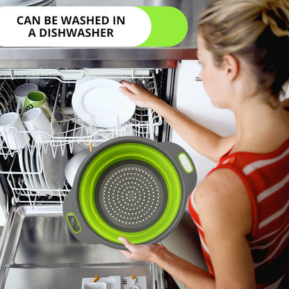 3PCS Green Foldable Kitchen Strainer Set – Silicone Colander Collapsible Strainers and Colanders Green Collander for Kitchen Collapsible Compact Drain Tools for Cooking Prep