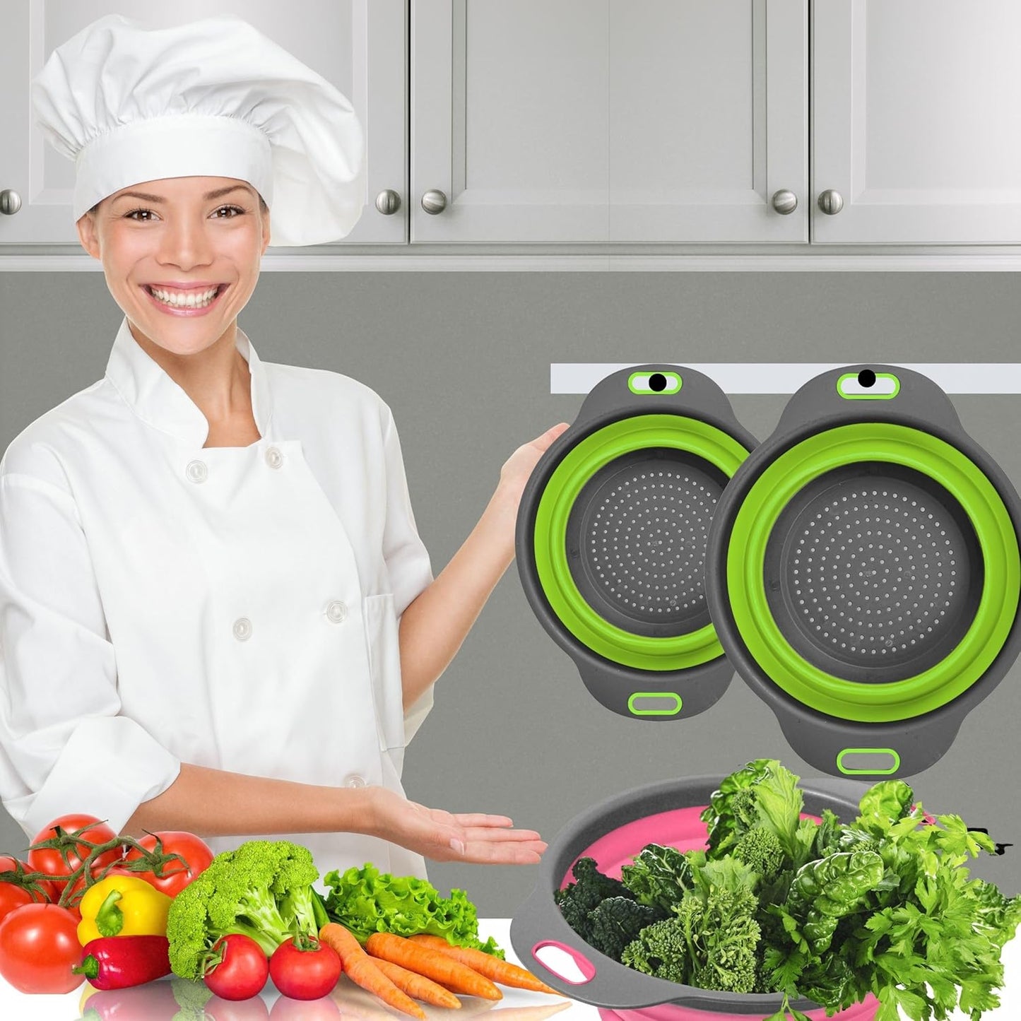 3PCS Green Foldable Kitchen Strainer Set – Silicone Colander Collapsible Strainers and Colanders Green Collander for Kitchen Collapsible Compact Drain Tools for Cooking Prep