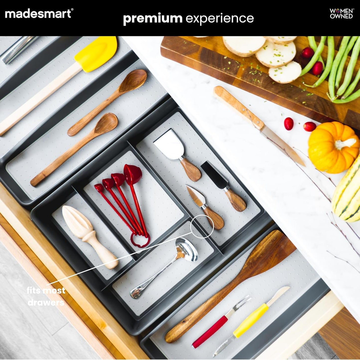 4 Compartment Drawer Organizer, Multi Purpose Storage for Utensils, Office Tools, Cords, & Small Household Items, Tech Accessories, Arts & Crafts Supplies, Non Slip Lining, White