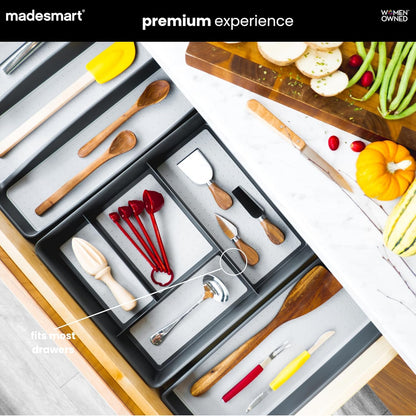 4 Compartment Drawer Organizer, Multi Purpose Storage for Utensils, Office Tools, Cords, & Small Household Items, Tech Accessories, Arts & Crafts Supplies, Non Slip Lining, White