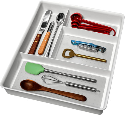 4 Compartment Drawer Organizer, Multi Purpose Storage for Utensils, Office Tools, Cords, & Small Household Items, Tech Accessories, Arts & Crafts Supplies, Non Slip Lining, White