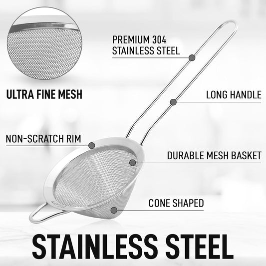 304 Stainless Steel Fine Mesh Strainer 3.35 in - Strainers Fine Mesh, Tea Strainers for Loose Tea - Perfect for Tea, Cocktails, Juicing, Drinks, Liquids, Matcha, Coffee & More