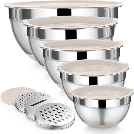 Mixing Bowls with Lid Set, Nesting Bowl for Storing, Khaki | 5 Piece Stainless Steel Salad Mixing Bowls for Prepping, 3 Grater Attachments & Non-Slip Bottoms, Size 1/1.5/2 / 2.6/4.6 QT