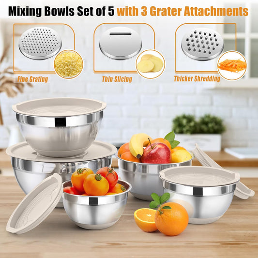Mixing Bowls with Lid Set, Nesting Bowl for Storing, Khaki | 5 Piece Stainless Steel Salad Mixing Bowls for Prepping, 3 Grater Attachments & Non-Slip Bottoms, Size 1/1.5/2 / 2.6/4.6 QT