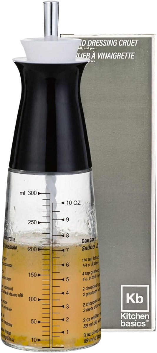 Salad Dressing Cruet 300ml/10oz - Refillable Glass Bottle with Etched Recipes, 3-in-1 Tool to Measure, Mix, Serve Dressings - Stylish & Functional Kitchen Essential