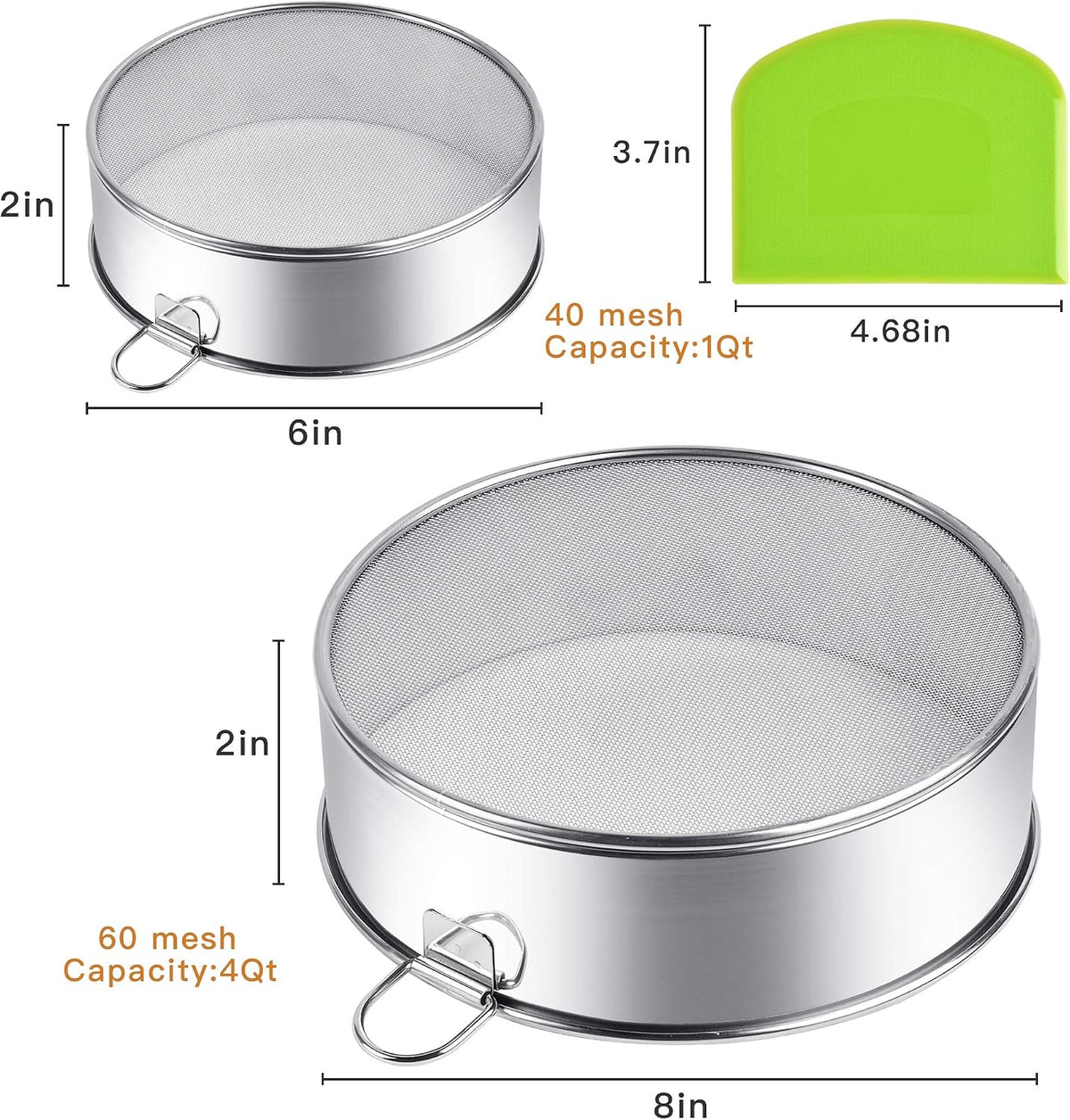Stainless Steel Flour Sifter, 6-Inch, 8-Inch Sieve Fine Mesh Strainer Round Sifting Pan for Baking Straining Powdering Bread Dough Cake Fondant Icing