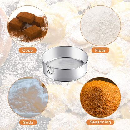 Stainless Steel Flour Sifter, 6-Inch, 8-Inch Sieve Fine Mesh Strainer Round Sifting Pan for Baking Straining Powdering Bread Dough Cake Fondant Icing