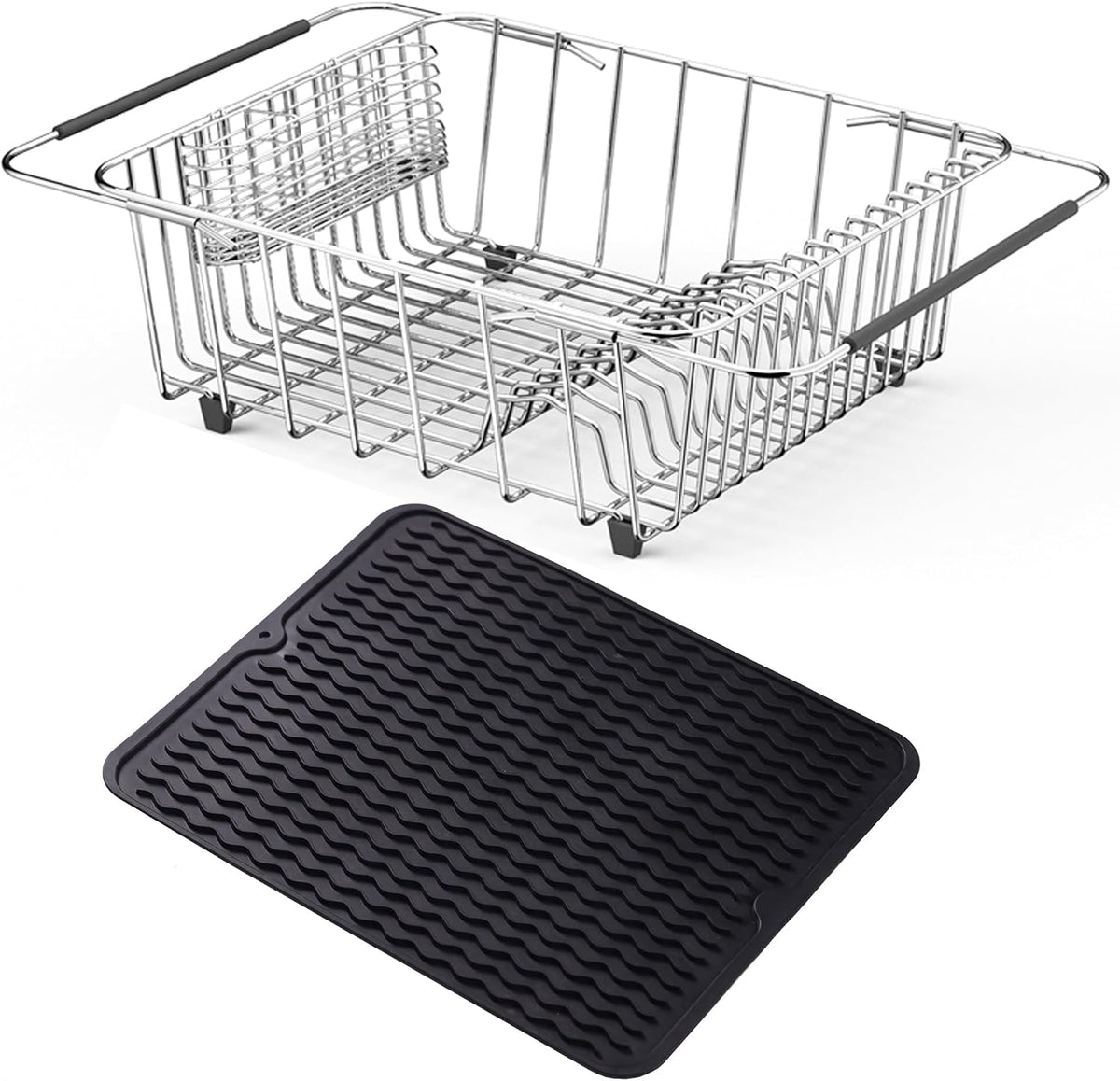Stainless Steel Dish Drying Rack(15" L X 12.6" W X 4.7" H), Expandable Fruit & Vegetable Drain Rack Over Sink, Dish Drainer Rack in Sink, with Utensil Holder & Silicone Mat(16")