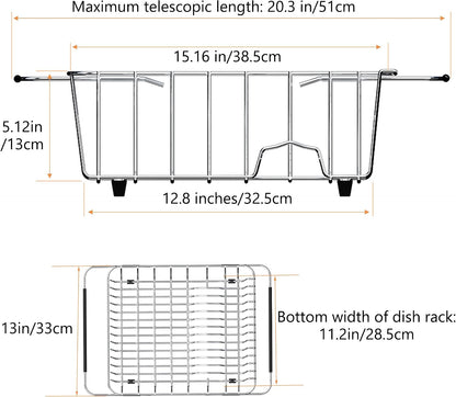 Stainless Steel Dish Drying Rack(15" L X 12.6" W X 4.7" H), Expandable Fruit & Vegetable Drain Rack Over Sink, Dish Drainer Rack in Sink, with Utensil Holder & Silicone Mat(16")