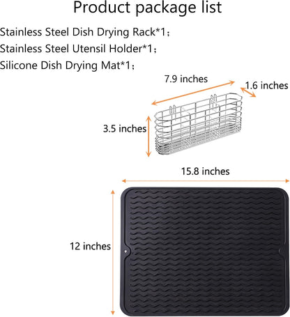 Stainless Steel Dish Drying Rack(15" L X 12.6" W X 4.7" H), Expandable Fruit & Vegetable Drain Rack Over Sink, Dish Drainer Rack in Sink, with Utensil Holder & Silicone Mat(16")
