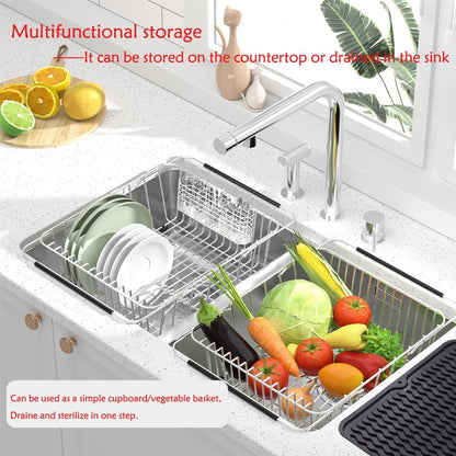 Stainless Steel Dish Drying Rack(15" L X 12.6" W X 4.7" H), Expandable Fruit & Vegetable Drain Rack Over Sink, Dish Drainer Rack in Sink, with Utensil Holder & Silicone Mat(16")