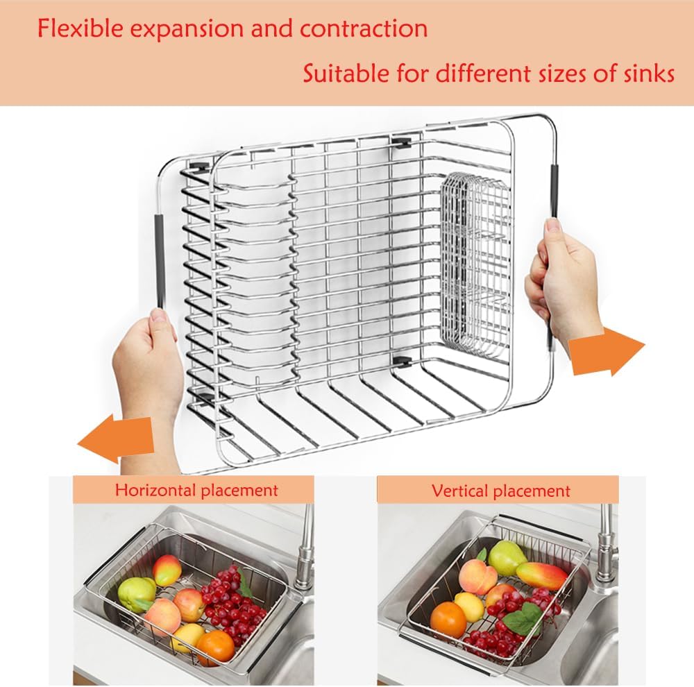 Stainless Steel Dish Drying Rack(15" L X 12.6" W X 4.7" H), Expandable Fruit & Vegetable Drain Rack Over Sink, Dish Drainer Rack in Sink, with Utensil Holder & Silicone Mat(16")