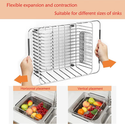 Stainless Steel Dish Drying Rack(15" L X 12.6" W X 4.7" H), Expandable Fruit & Vegetable Drain Rack Over Sink, Dish Drainer Rack in Sink, with Utensil Holder & Silicone Mat(16")