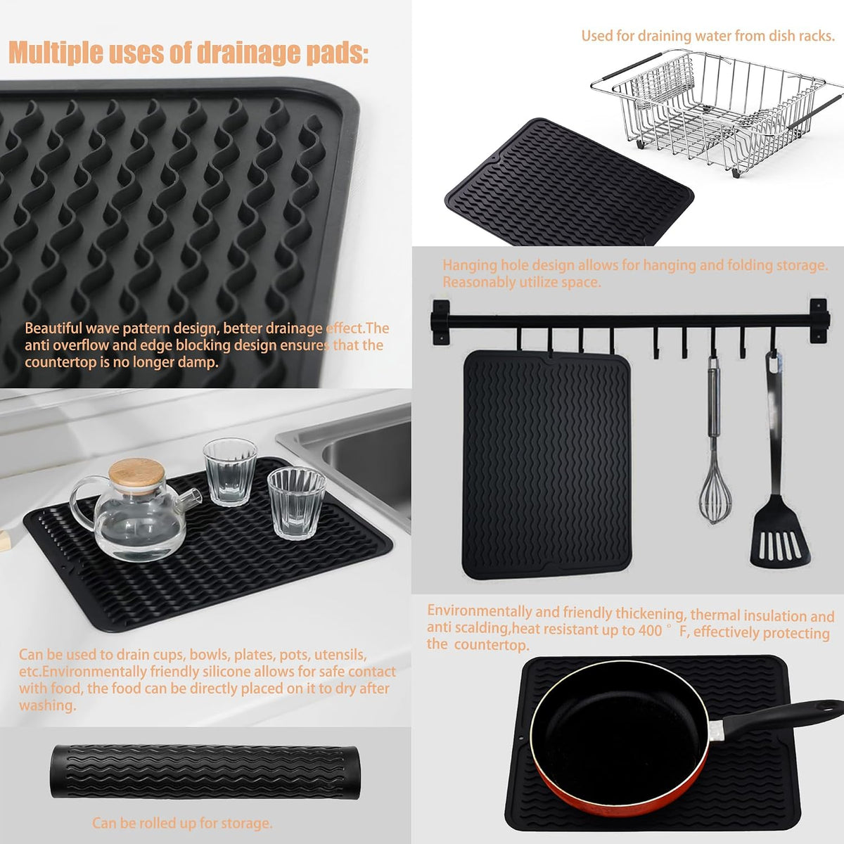 Stainless Steel Dish Drying Rack(15" L X 12.6" W X 4.7" H), Expandable Fruit & Vegetable Drain Rack Over Sink, Dish Drainer Rack in Sink, with Utensil Holder & Silicone Mat(16")